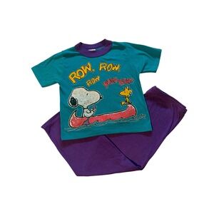 90's Vintage Wormser Peanuts Snoopy Woodstock Pajama Set Kids Size 7 Teal Purple